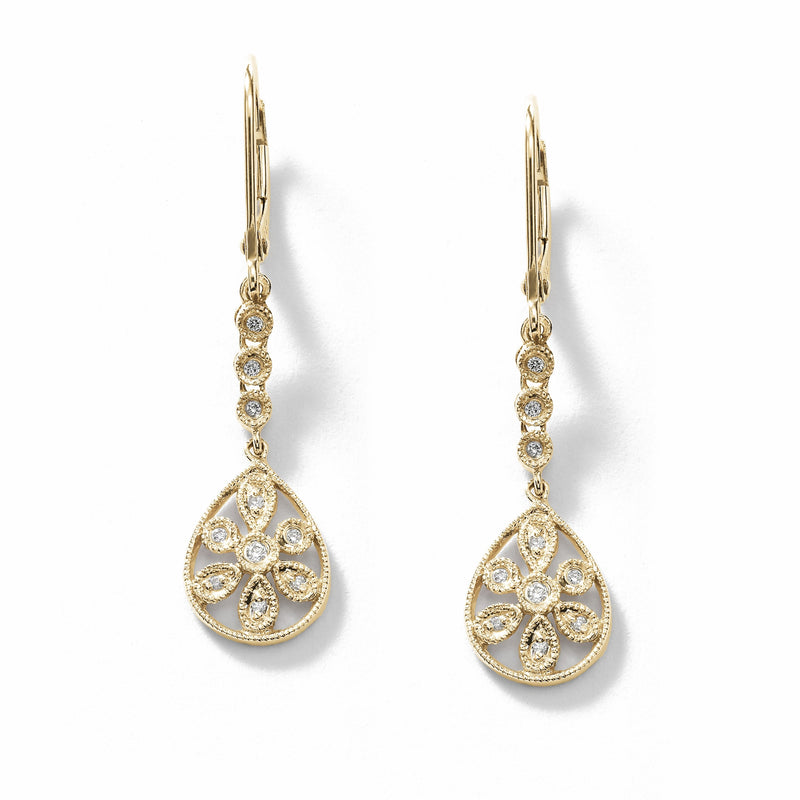 Diamond Flower Dangle Earrings, 14K Yellow Gold