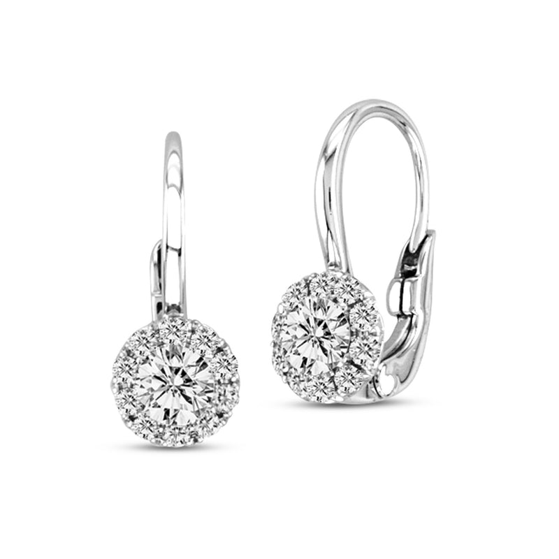 Diamond With Halo on Euro Wire Earrings, 14K White Gold