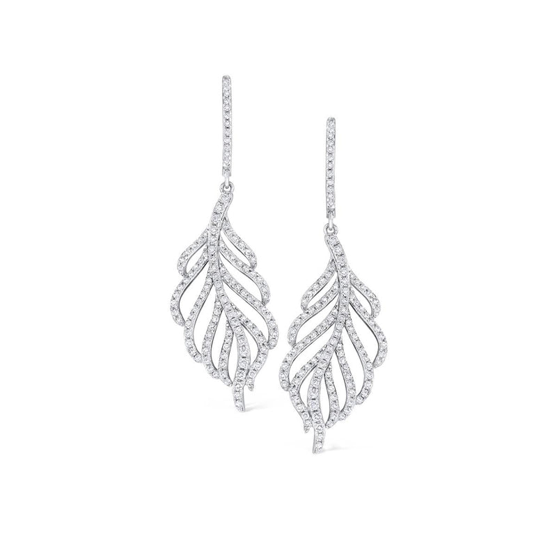 Diamond Feather Dangle Earrings, 14K White Gold