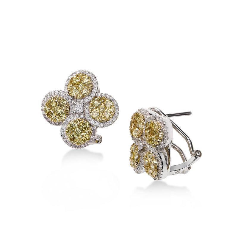 Yellow Diamond Flower Earrings, 18K White Gold