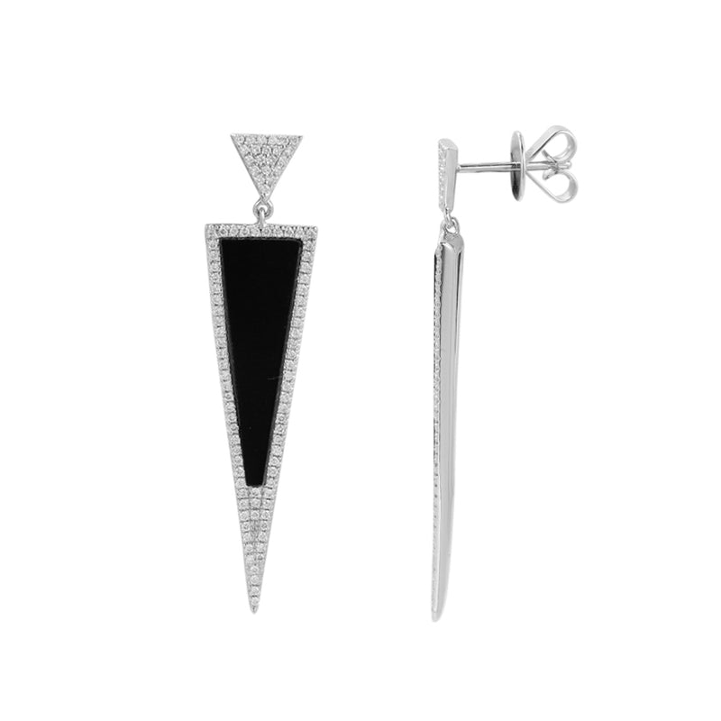 Triangle Black Agate and Diamond Drop Earrings, 14K White Gold