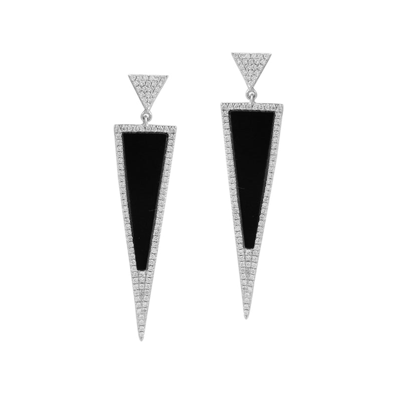 Triangle Black Agate and Diamond Drop Earrings, 14K White Gold