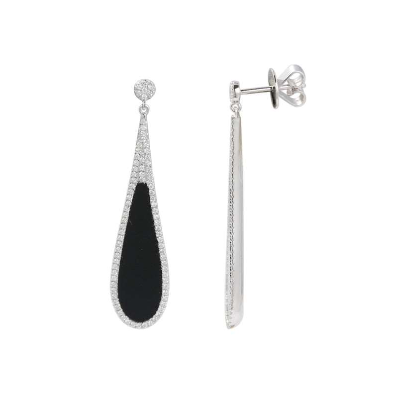 Black Agate and Diamond Drop Earrings, 14K White Gold