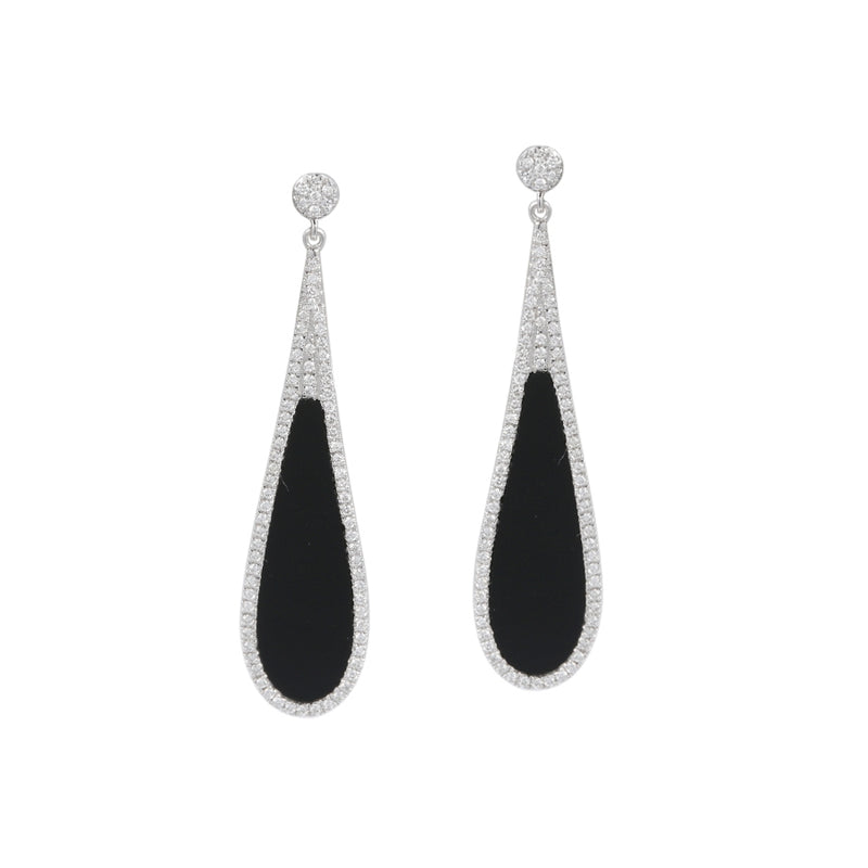 Black Agate and Diamond Drop Earrings, 14K White Gold