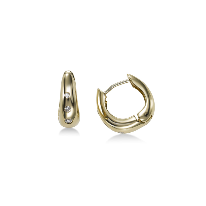 Flush Set Diamond Huggie Hoop Earrings, 14K Yellow Gold