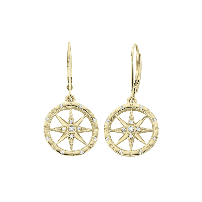 Diamond Compass Rose Earrings, 14K Yellow Gold
