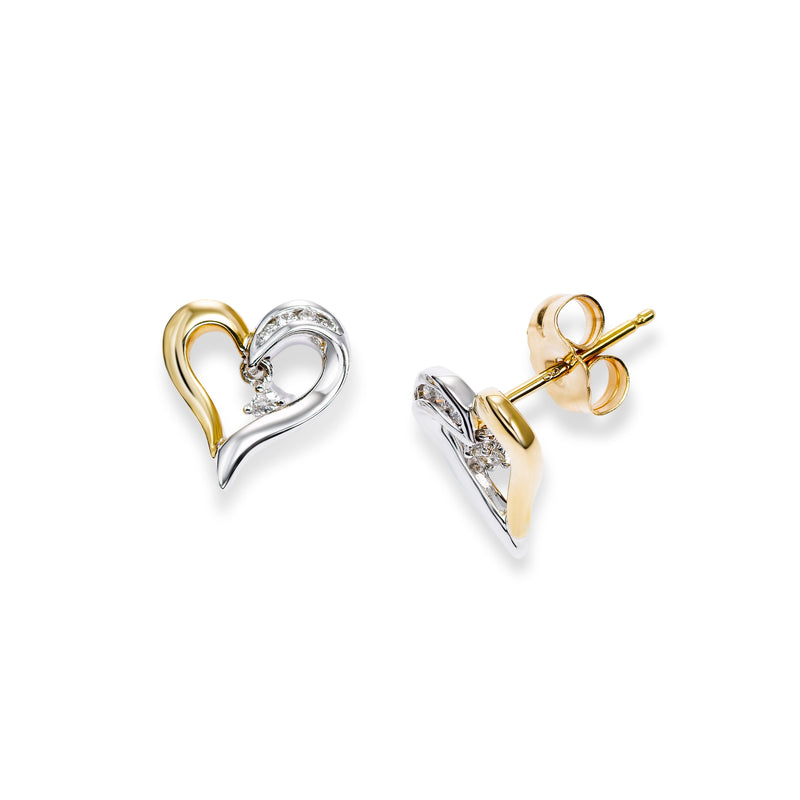 Two Tone Diamond Heart Earrings, 14 Karat Gold