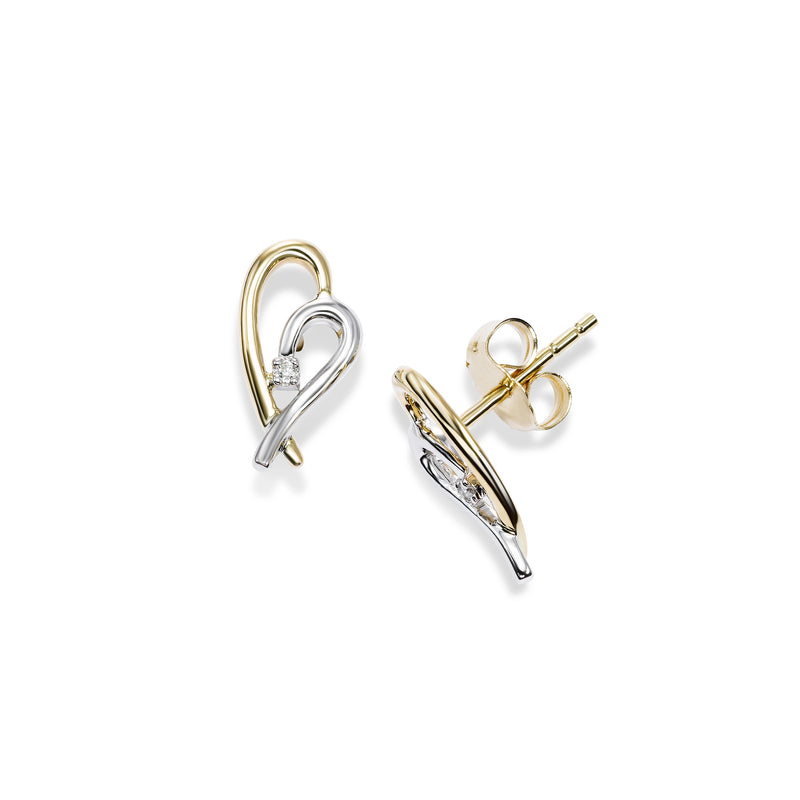 Two Tone Single Diamond Heart Earrings, 14 Karat Gold