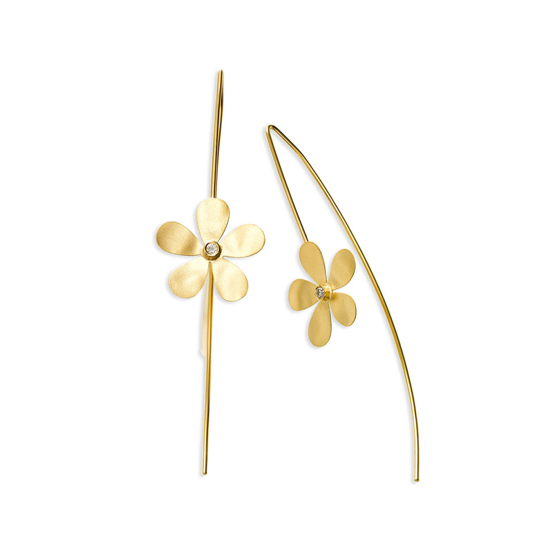 Open Wire Diamond Flower Earrings, 14K Yellow Gold