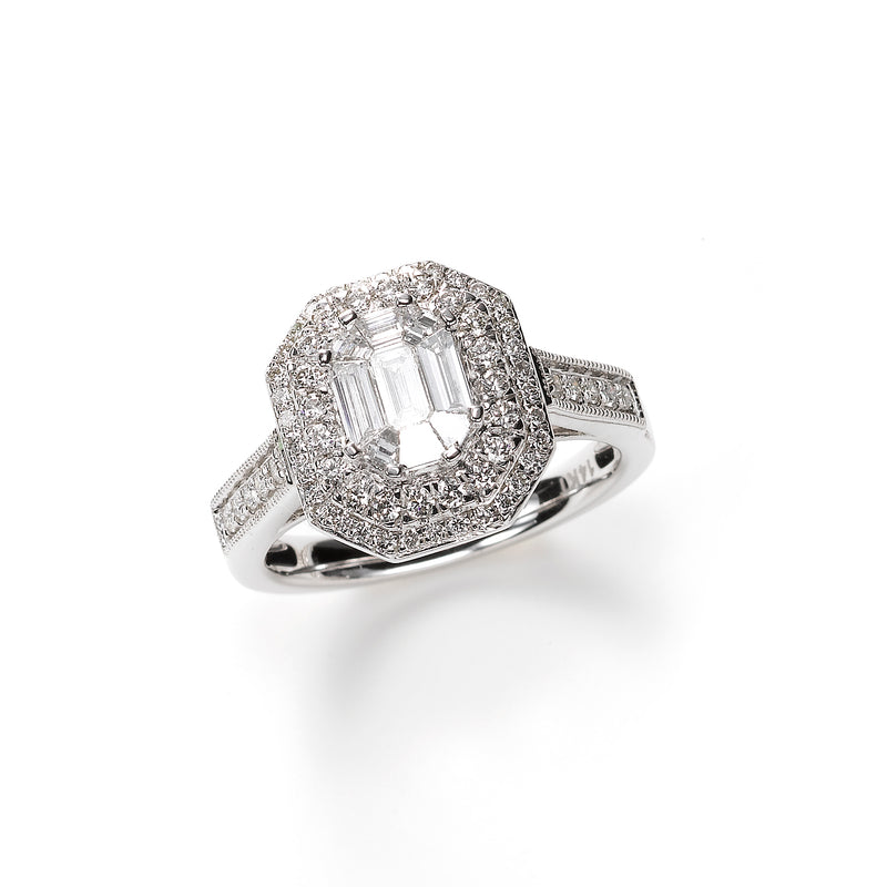 Statement Diamond Ring With Double Halo, 14K White Gold