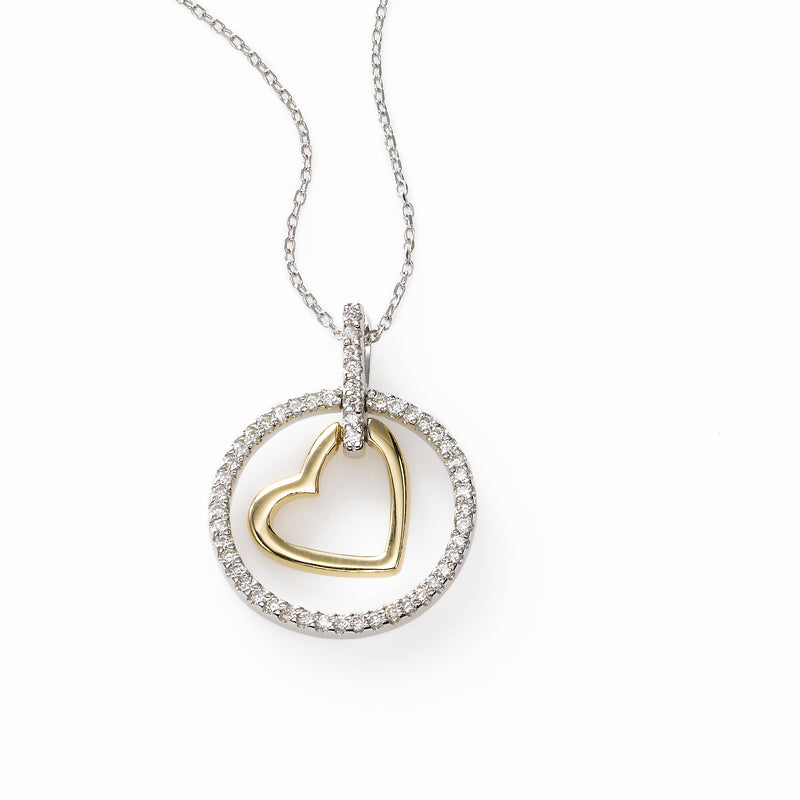 Heart in Diamond Circle Pendant, 14K Gold