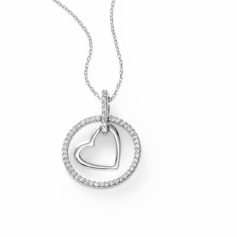 Heart in Diamond Circle Pendant, 14K White Gold