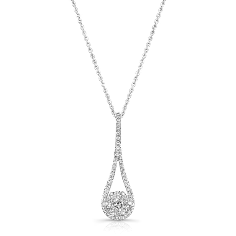 Elongated Drop and Diamond Cluster Pendant, 14K White Gold