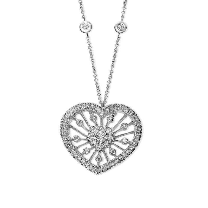 Filigree Diamond Heart Pendant, 14K White Gold