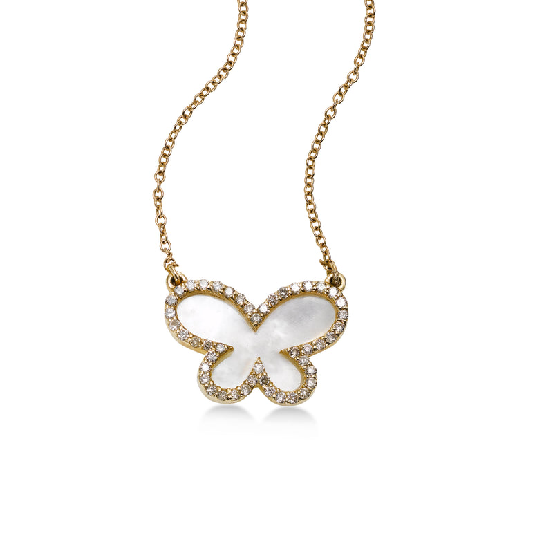 Mother of Pearl Butterfly Necklace, 14K Yellow Gold