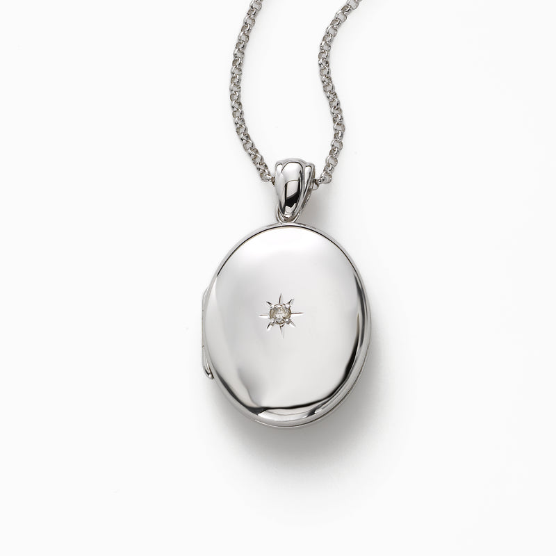 Oval Sterling Silver Locket with Diamond