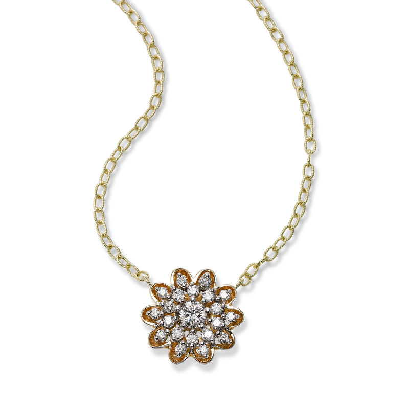 Diamond Flower Necklace, 14K Yellow Gold