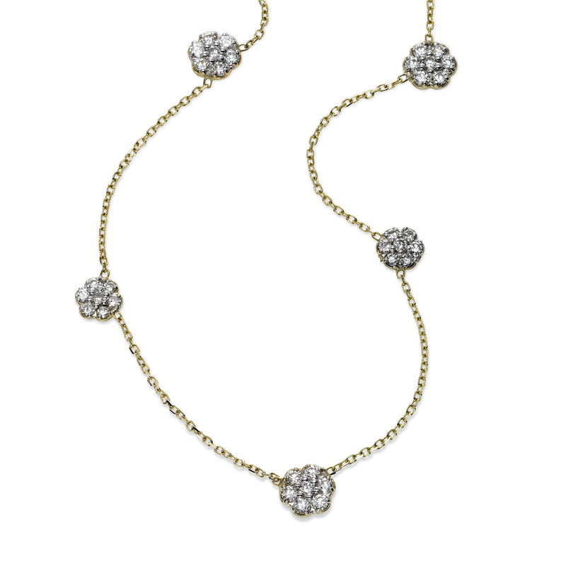 Flower Cluster Diamond Station Necklace, 14K Yellow Gold