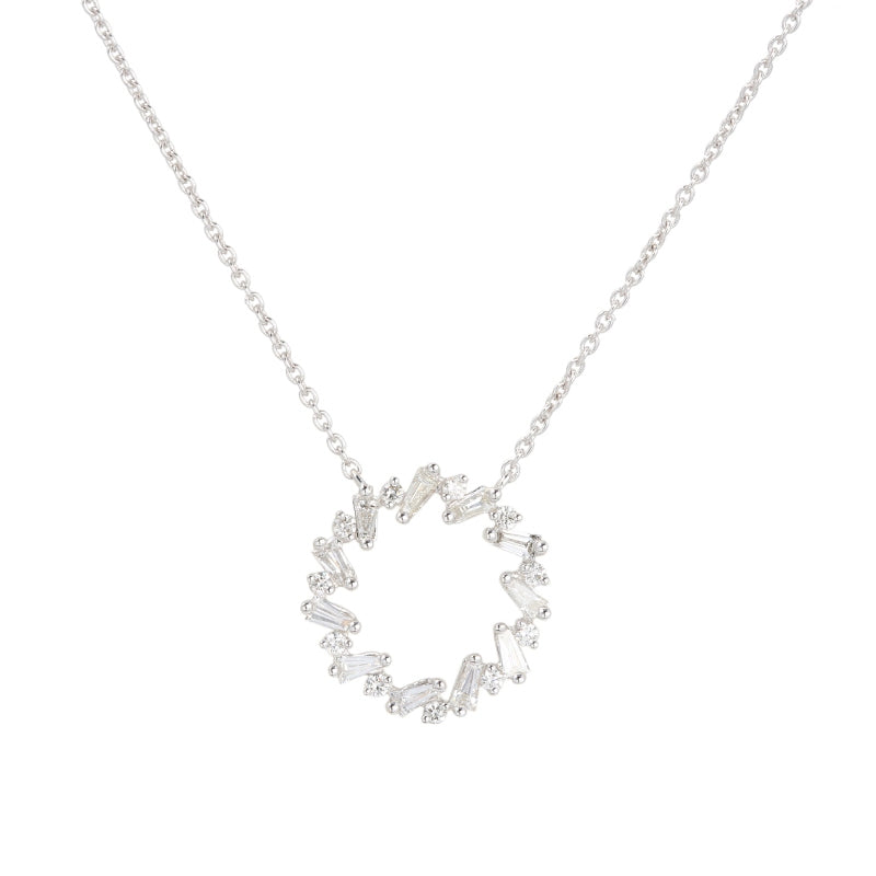 Baguette Diamond Open Circle Necklace, 14K White Gold