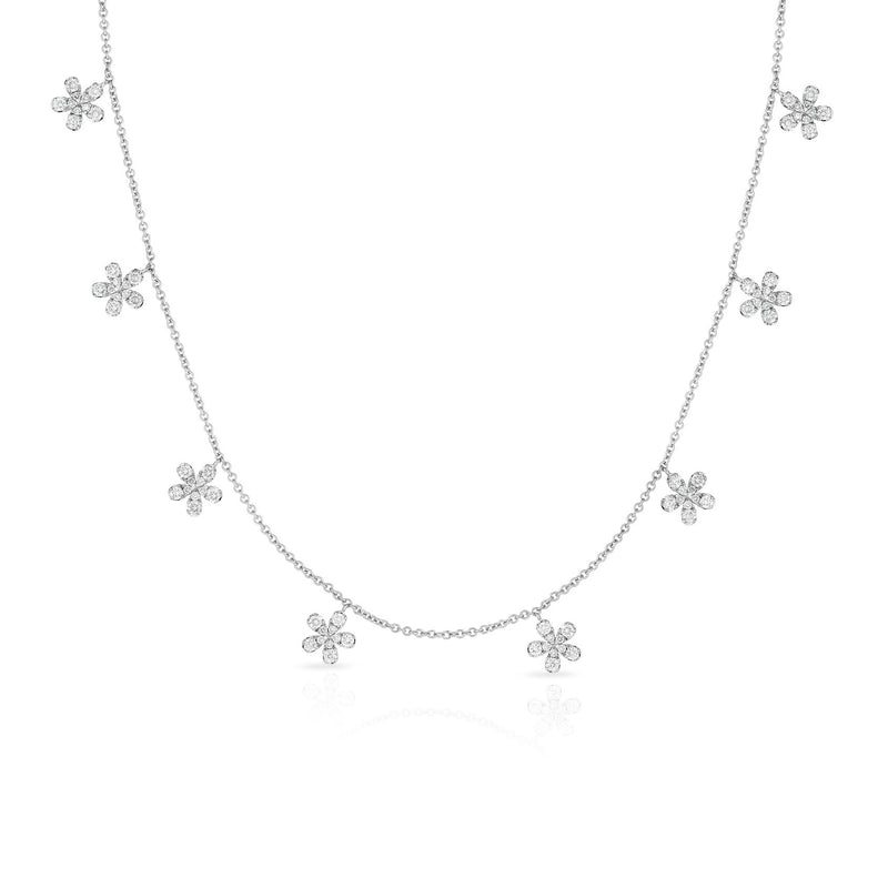 Dangling Diamond Flowers Necklace, 14K White Gold