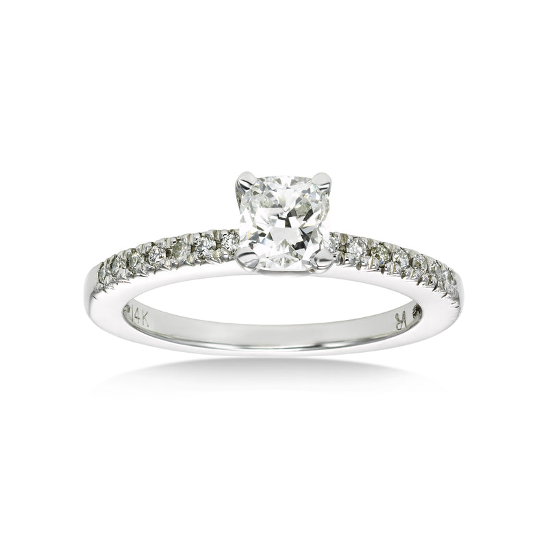Cushion Cut Diamond Engagement Ring, .56 Carat Center, 14K White Gold