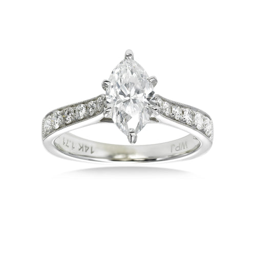 Marquise Shaped Diamond Engagement Ring, 1.22 Carats Center, 14K White Gold