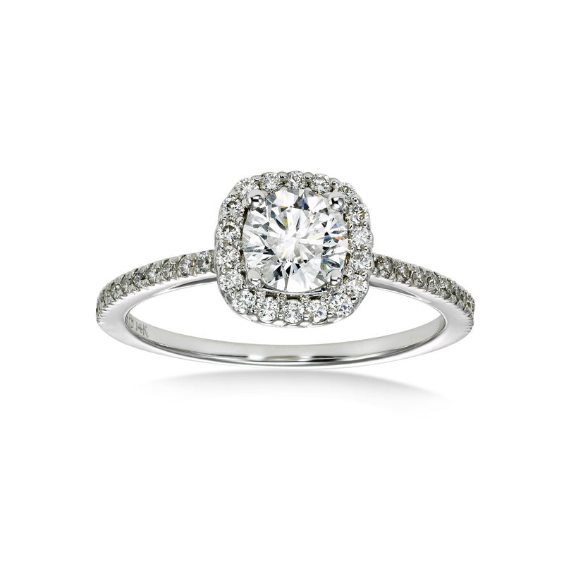 Round Diamond Halo Engagement Ring, .58 Carat Center, 14K White Gold
