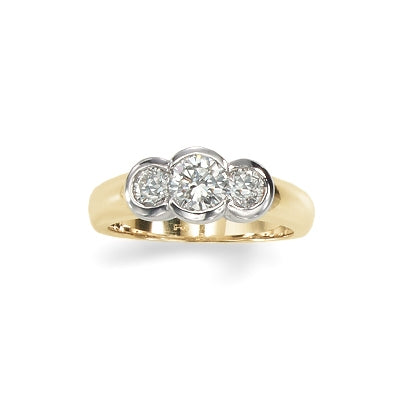 Three Stone Bezel Set Diamond Ring, 14 Karat Gold