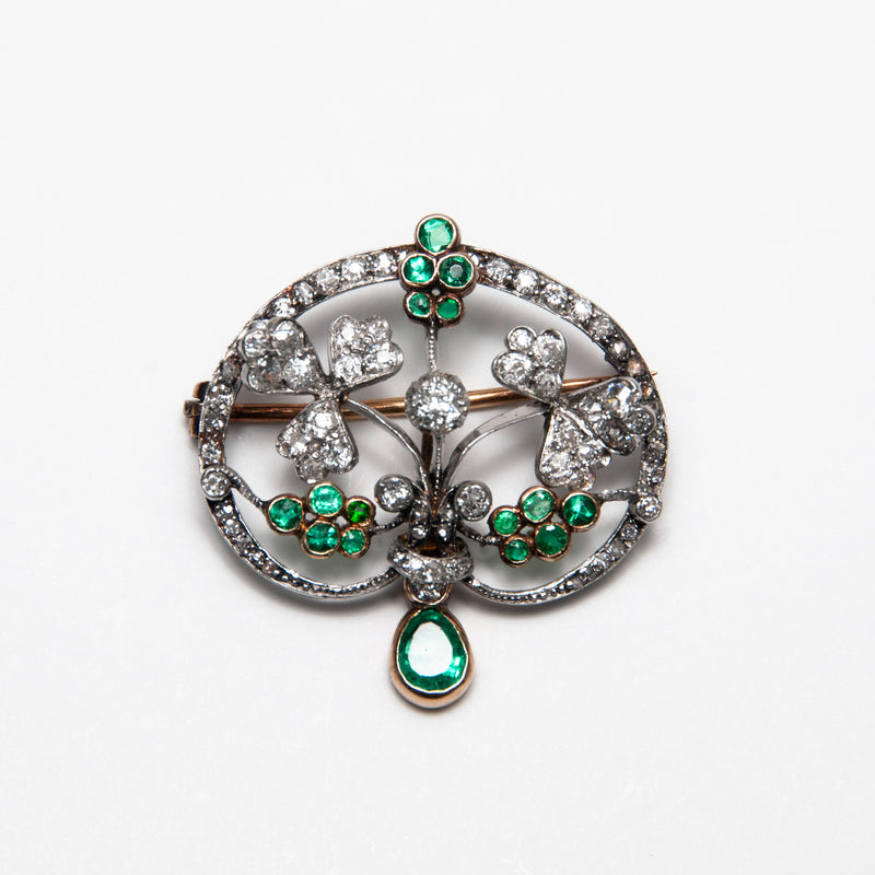 Antique Floral Pin with Diamonds and Emeralds, Platinum and 18K Gold