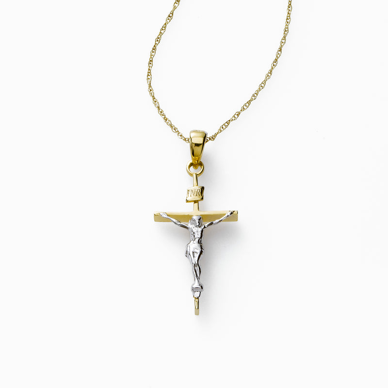 Slim Crucifix, 14 Karat Yellow and White Gold, 18 Inch Chain