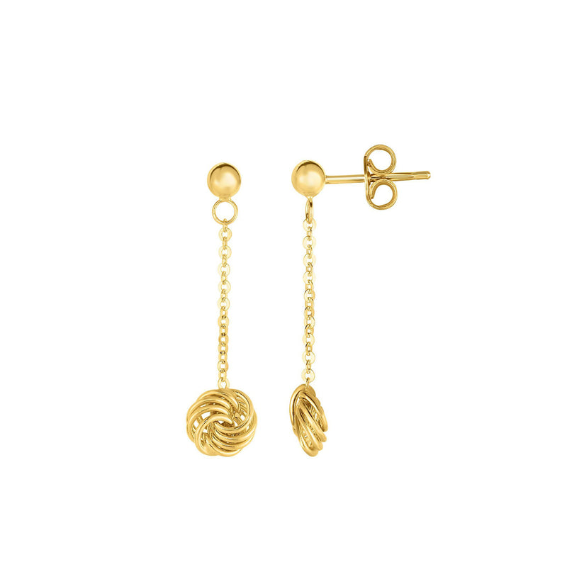 Dangling Love Knot Gold Chain Earrings, 14K Yellow Gold