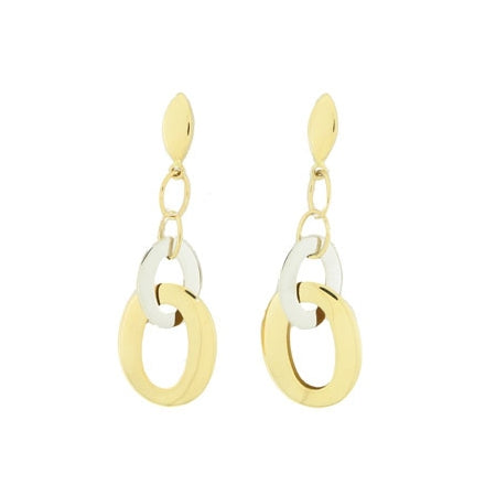 Two Tone Oval Loop Dangle Earrings, 18 Karat Gold