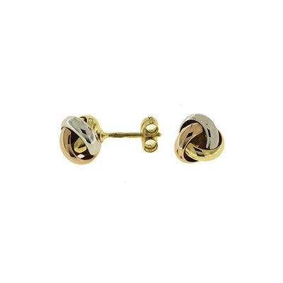 Shiny Tricolor Gold Knot Earrings, 18 Karat Gold