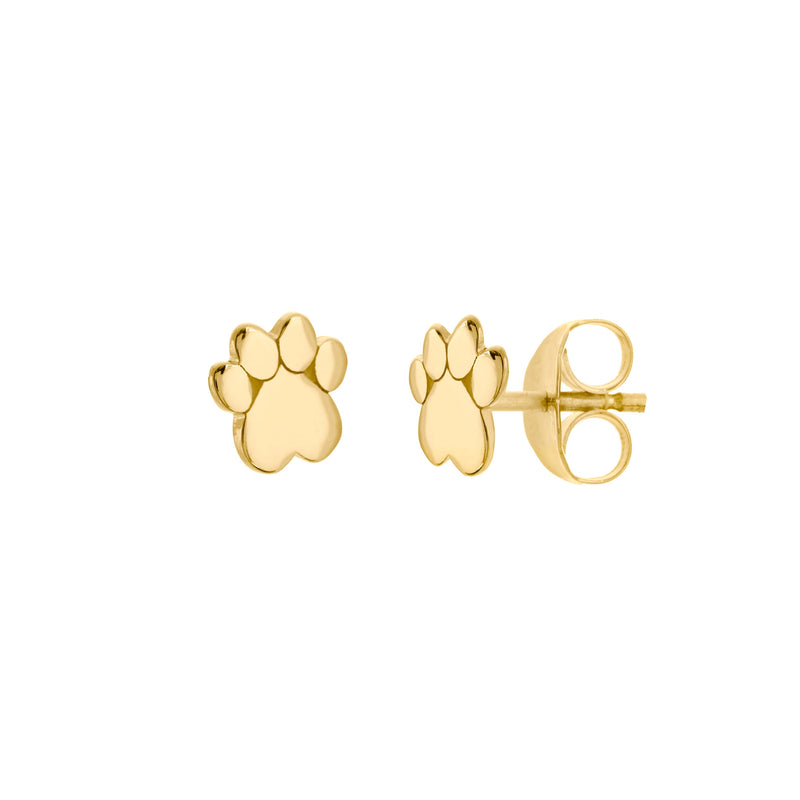 Cat Dog Paw Print Stud Earrings, 14K Yellow Gold