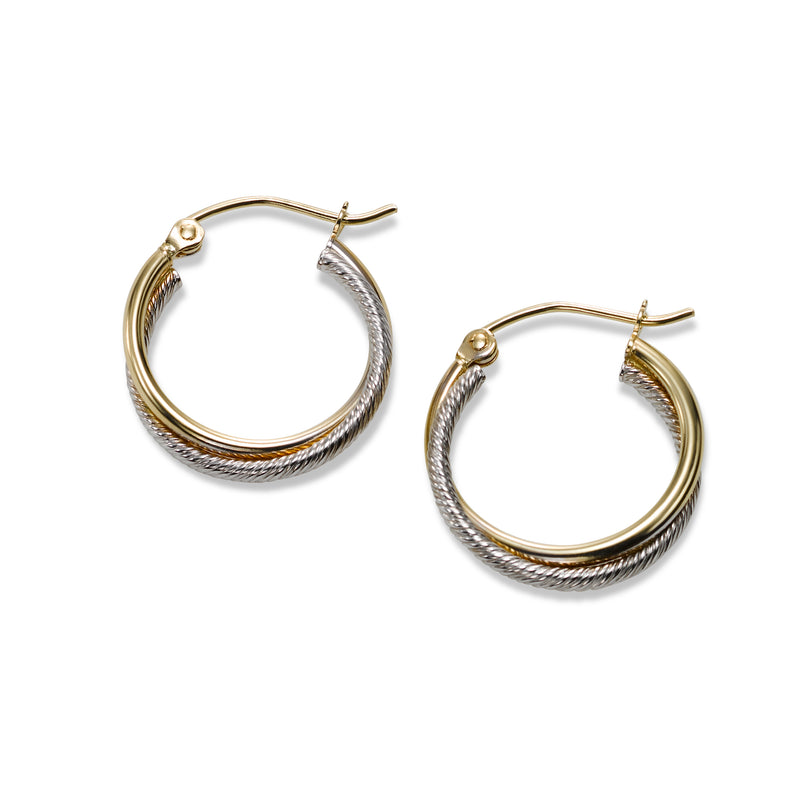Two-Tone Twisted Hoop Earrings, 14 Karat Gold