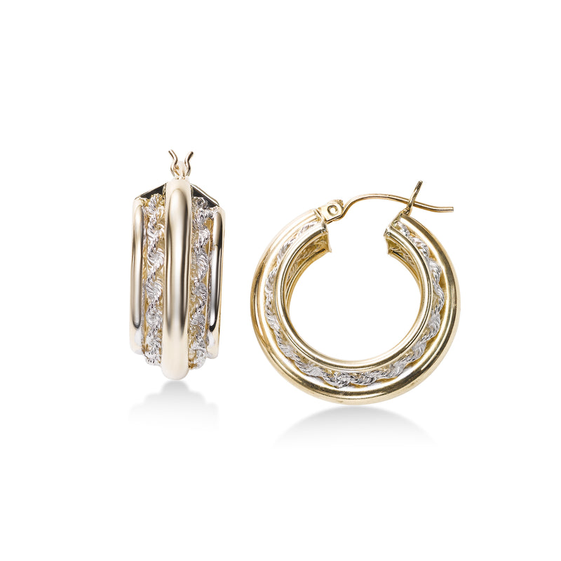 Two Tone Design Hoop Earrings, 14 Karat Gold