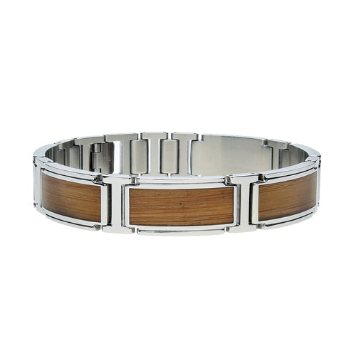 Bamboo Inlay Link Men's Bracelet, 8.50 Inches, Stainless Steel