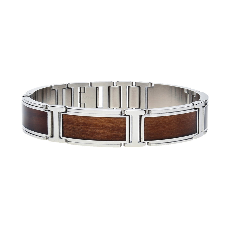 Willow Wood Inlay Link Men's Bracelet, 8.50 Inches, Stainless Steel