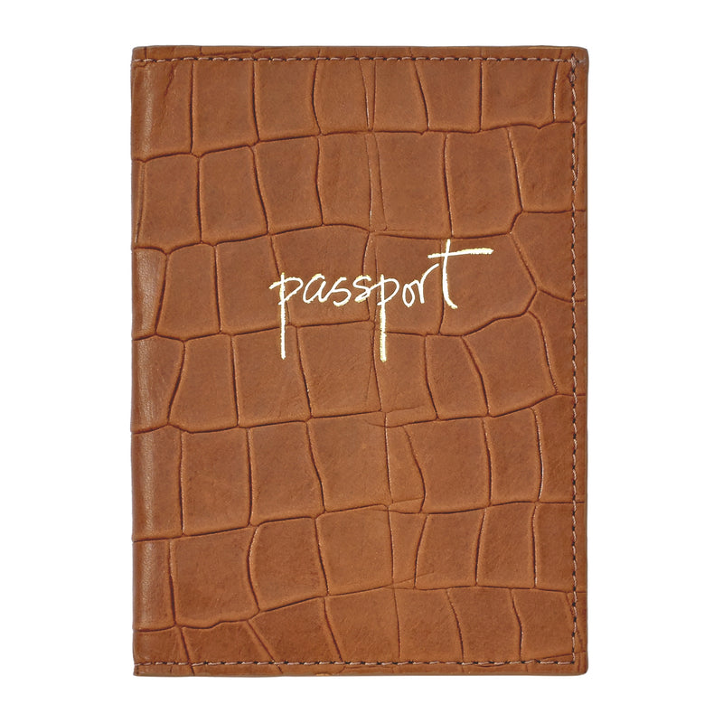 Passport Holder, Brown Embossed Nappa Croc Leather