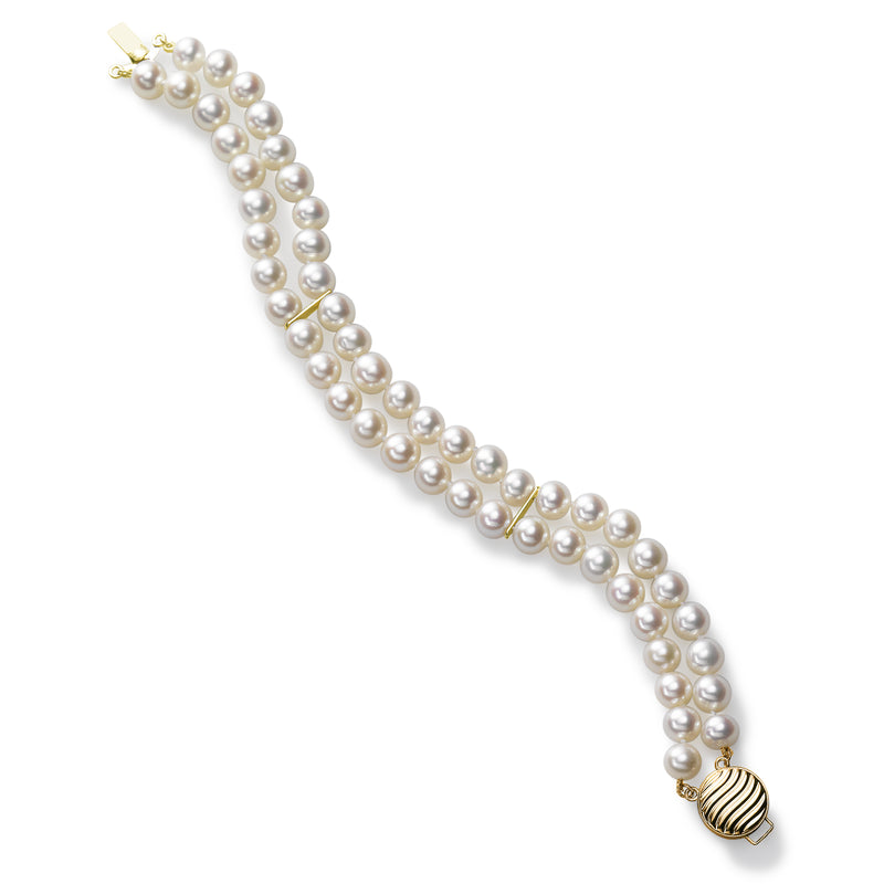 2 Strand 6MM Freshwater Cultured Pearl Bracelet, 14K Yellow Gold