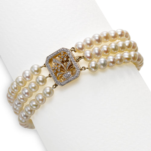Triple Cultured Pearl And Diamond Bracelet, 14K Yellow Gold