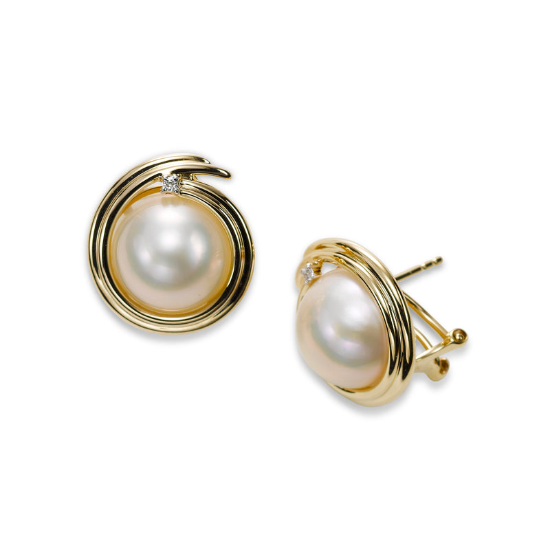 Mabe Pearl Earrings with Diamonds, 14K Yellow Gold