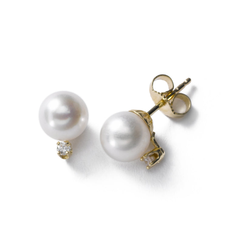 Akoya Cultured Pearl Earrings, 7MM, with Diamonds, 14K Yellow Gold