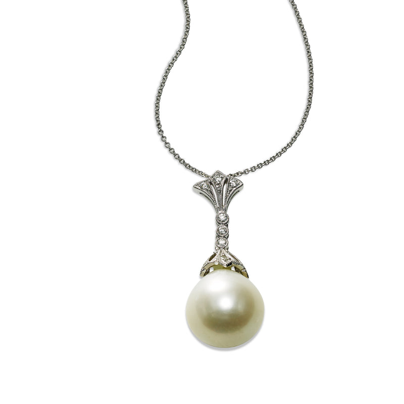 Freshwater Cultured Pearl and Diamond Drop Pendant, 18K White Gold