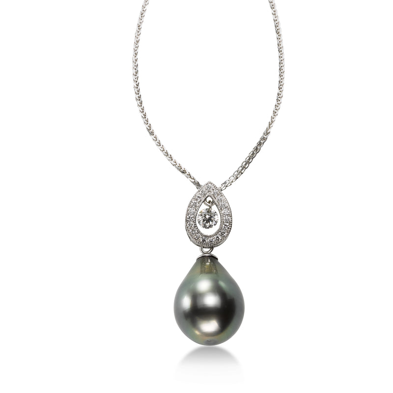 Pear Shape Tahitian Cultured Pearl and Diamond Pendant, 18K White Gold