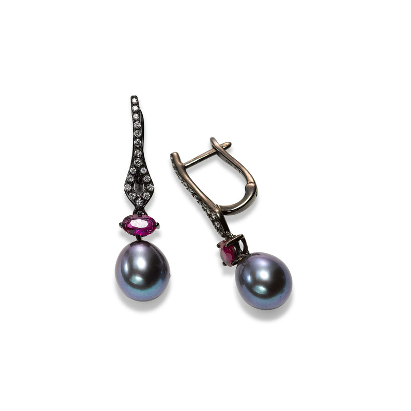 Black Freshwater Pearl and Ruby with Diamond Earrings, Black Rhodium