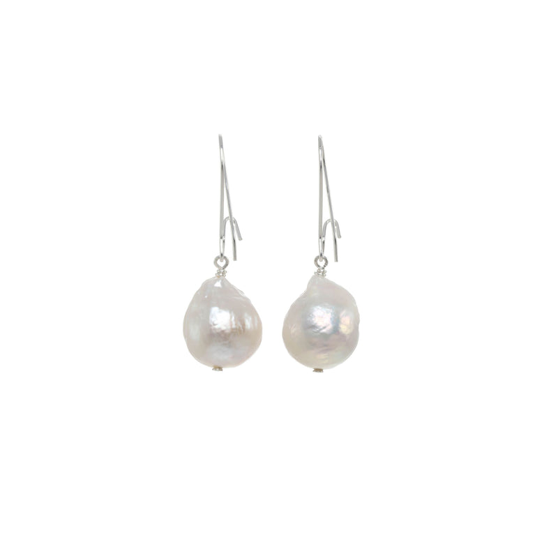 White Baroque Pearl Dangle Earrings, Sterling Silver