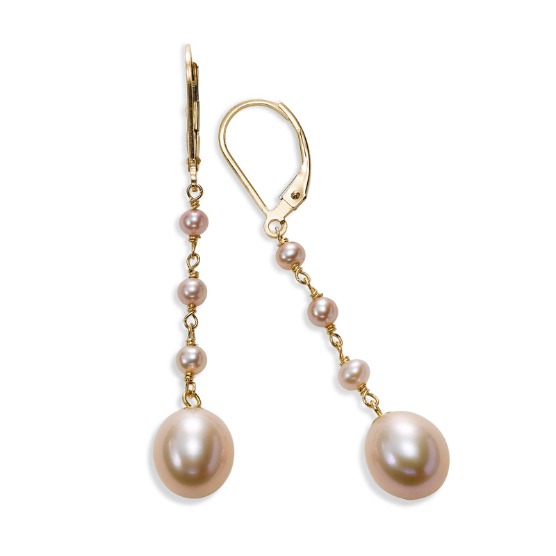 Pink Cultured Pearl Dangle Earrings, 14K Yellow Gold