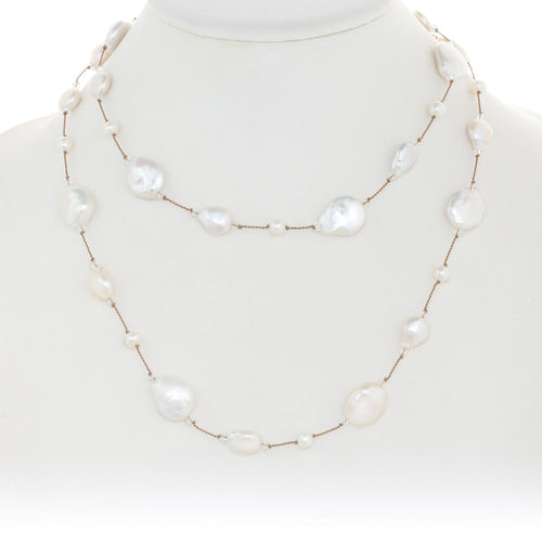White Freshwater Cultured Coin Pearl Necklace, Sterling Silver