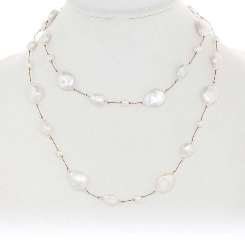 White Freshwater Cultured Coin Pearl Necklace, Sterling Silver